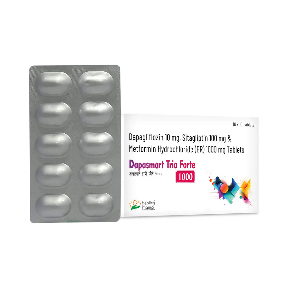 Dapagliflozina 10mg + Sitagliptina 100mg + Metformina 1000mg 100 Tabletas de Liberacion Extendida Dapasmart Trio Forte 1000