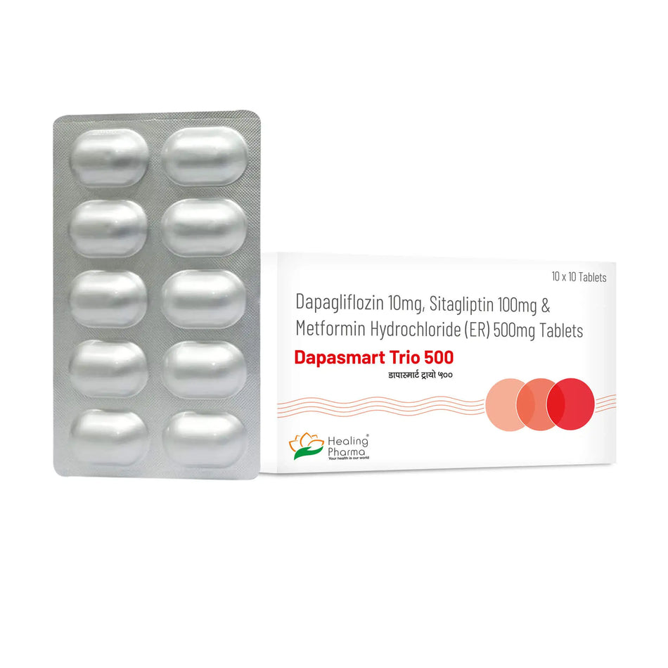 Dapagliflozina 10mg + Sitagliptina 100mg + Metformina 500mg 100 Tabletas de Liberacion Extendida Dapasmart Trio 500