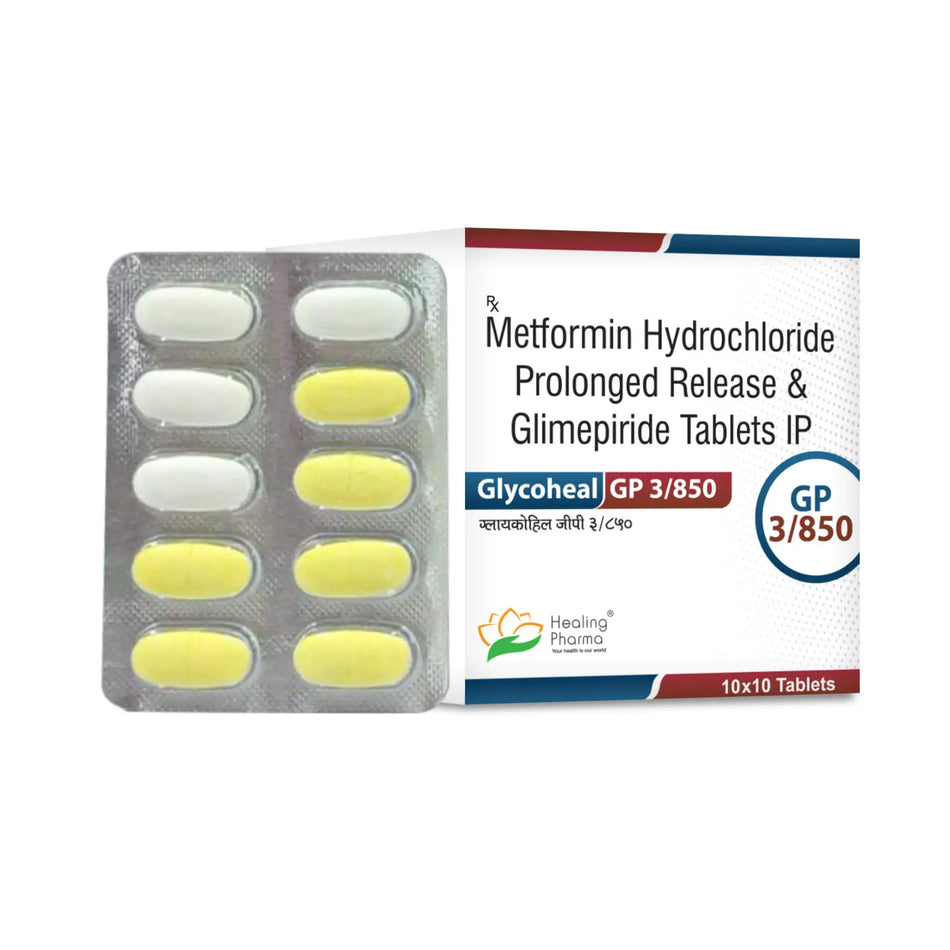 Glimepirida 3mg + Metformina 850mg 100 Tabletas de Liberacion Prolongada Glycoheal GP 3/850