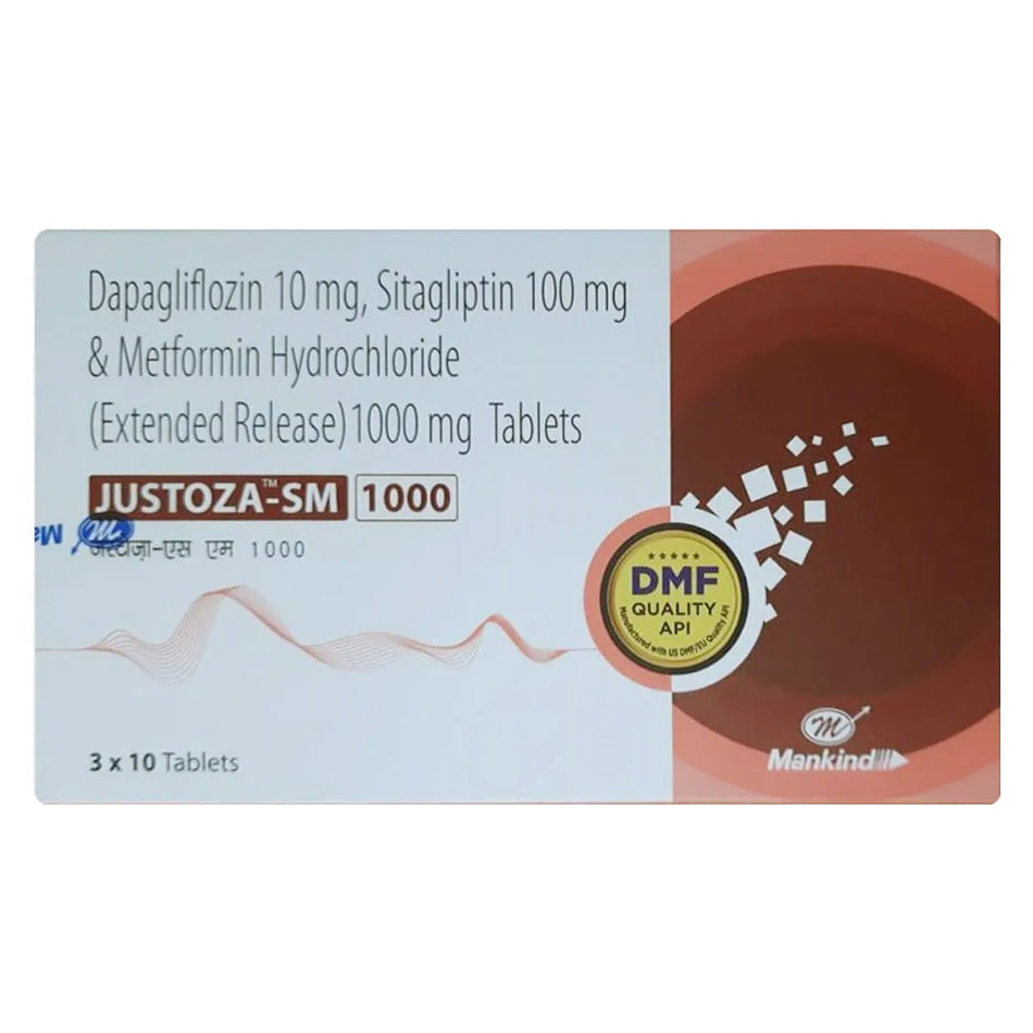 Dapagliflozina 10mg + Sitagliptina 100mg + Metformina 1000mg 30 Tabletas de Liberacion Prolongada Justoza SM 1000